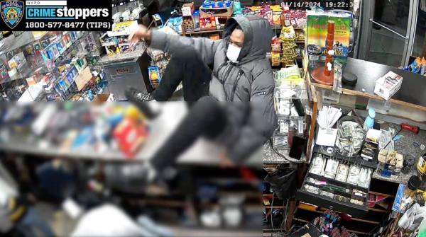 The robbery suspects can be seen jumping the counter of the Bronx bodega.