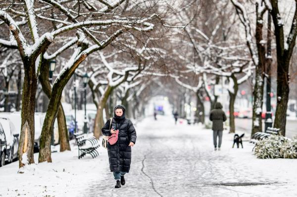 A person walks down Eastern Parkway in the Crown Heights Neighborhood of Brooklyn as snow blankets New York City breaking a two year stretch without snow on Jan. 16, 2024 in New York City. 