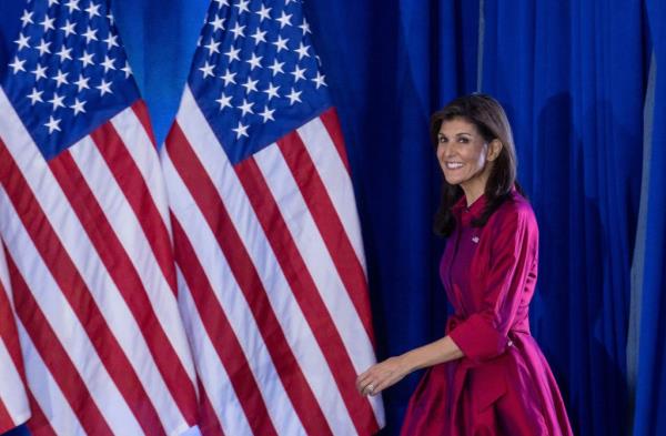 Nikki Haley arrives to address supporters gathered for a caucus night event at a hotel in West Des Moines, Iowa, USA, 15 January 2024. 