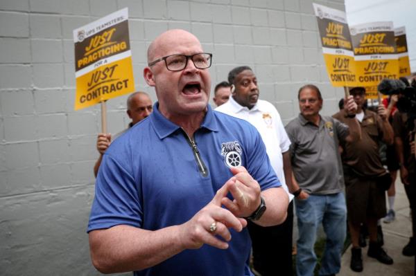 Sean O'Brien, President of the Internatio<em></em>nal Brotherhood of Teamsters, speaks outside of a UPS Distribution Center in Brooklyn, New York, U.S., July 14, 2023. 